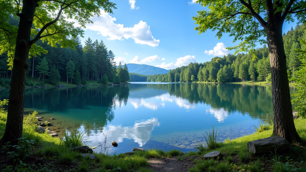 A peaceful lake with reflections of sky and clouds, surrounded by greenery and mountains.