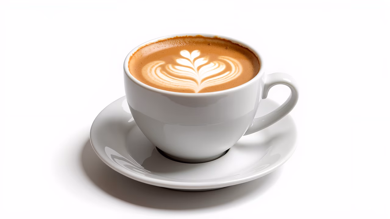 Latte art coffee with intricate leaf patterns, elegant cup and saucer, clean white background.