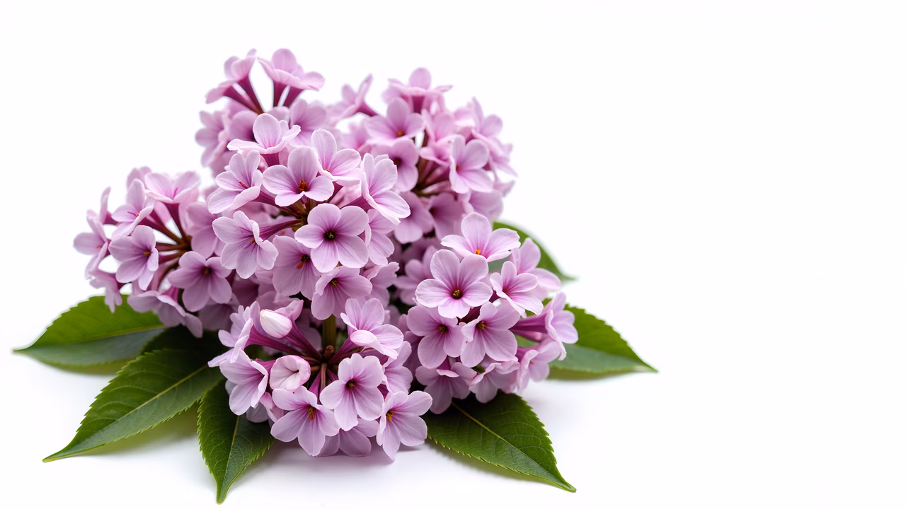 A delicate lavender bouquet with soft pink hues and lush green leaves on a white background.