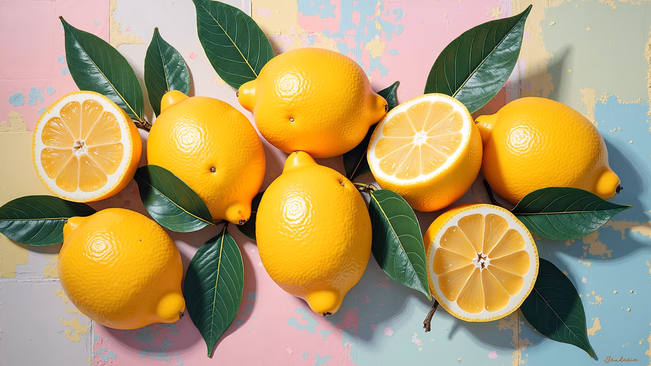 Bright yellow lemons and green leaves on a pastel background