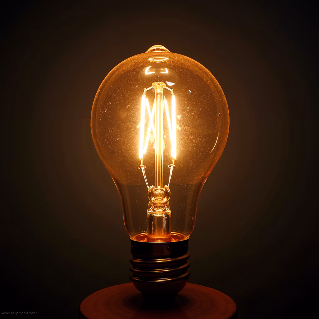 A glowing light bulb with intricate filament design, set against a dark background, creating a warm and inviting atmosphere.