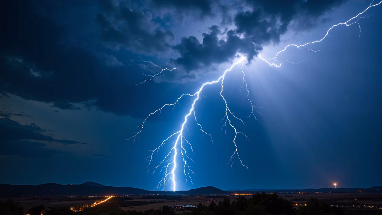 Dramatic lightning storm at night, deep blue tones, intense atmosphere, nature illustration