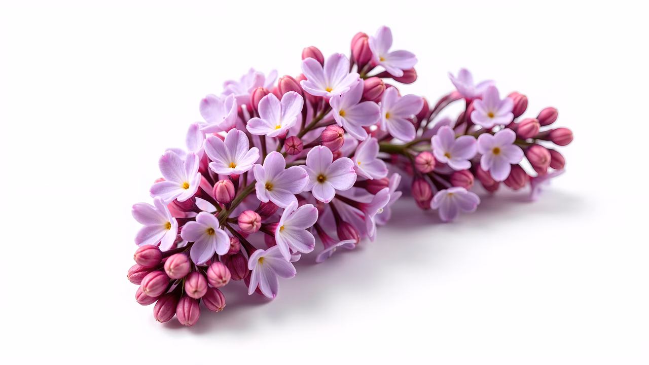 Delicate lilac branch with soft pink and purple hues, arranged against a clean white background.