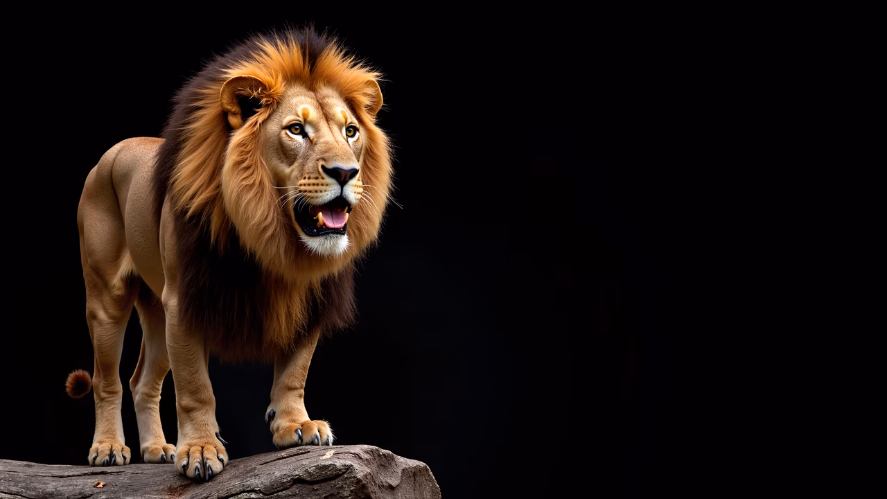 A powerful lion standing on a log, showcasing its strength and dominance against a stark black background.