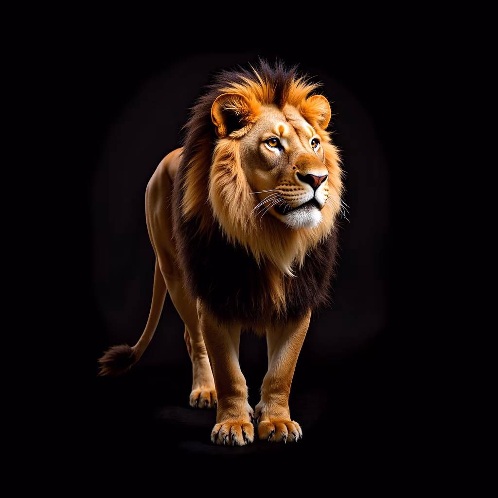 Realistic lion illustration with detailed fur and piercing eyes on a black background.