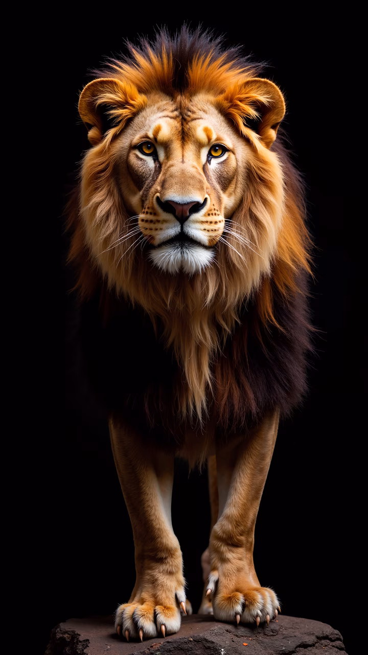 A powerful lion in a dramatic black-and-gold setting.