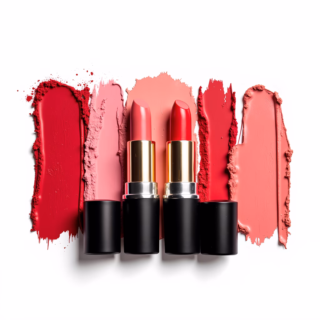 Two lipsticks amidst colorful lipstick swatches, showcasing bold makeup tones.