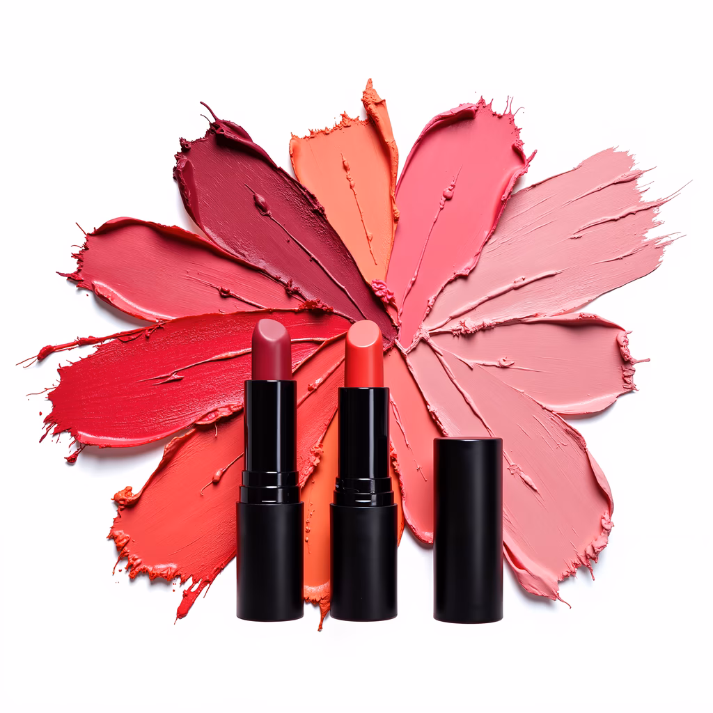 A stylish arrangement of lipsticks against a colorful palette, emphasizing bold shades and sleek designs.