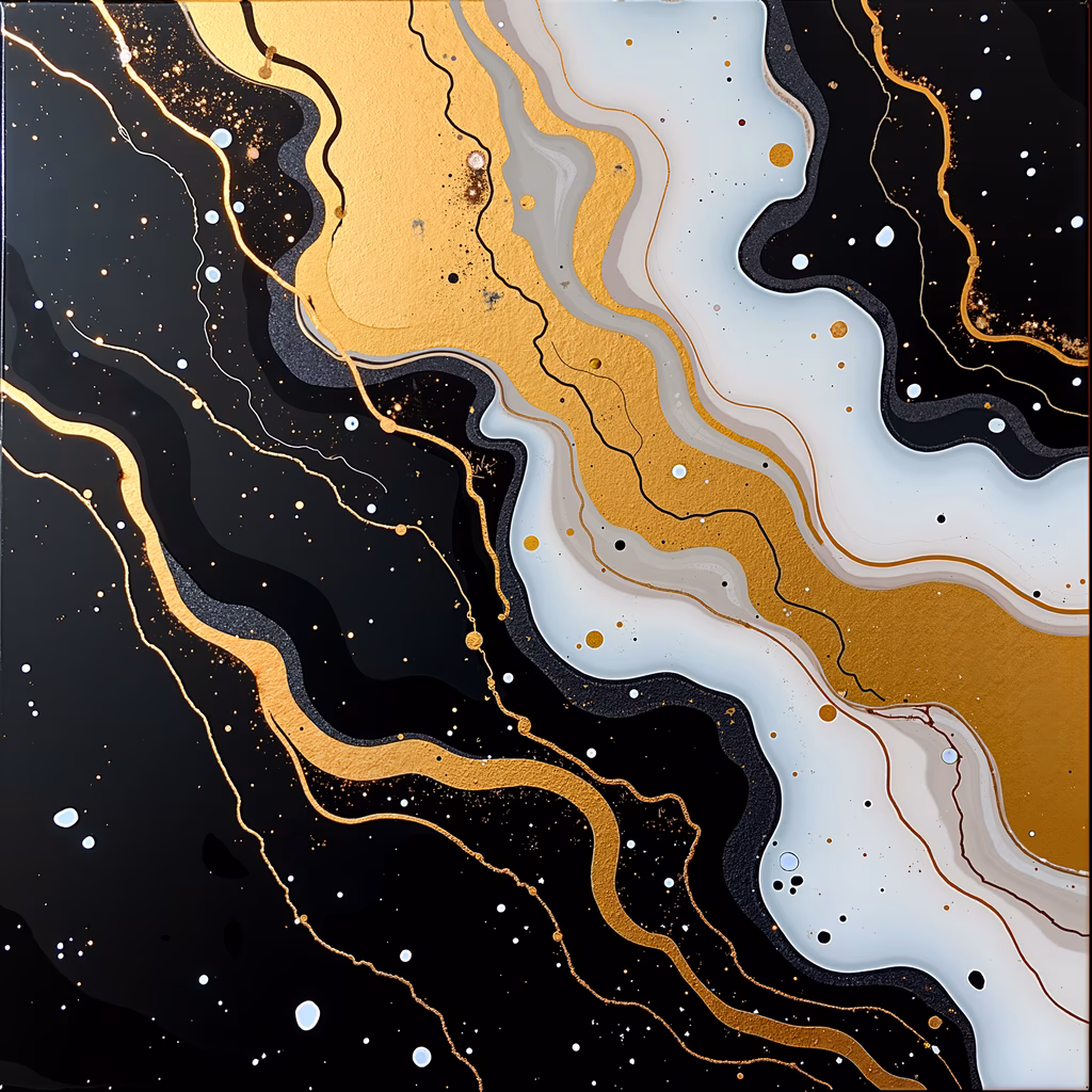 Abstract art featuring flowing gold and white liquid patterns on a dark background, rich in texture and depth.