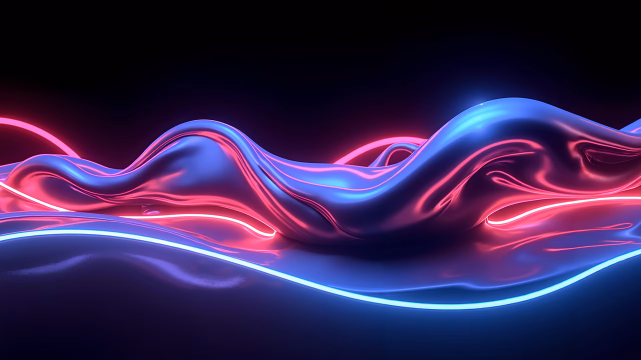Vibrant liquid waves illuminated by neon lights on a dark background.