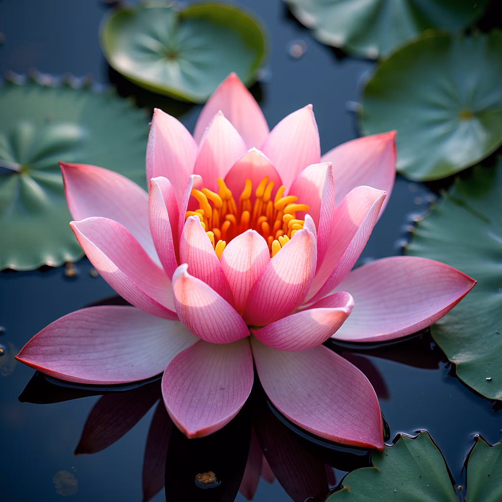 Vibrant pink lotus flower with yellow stamens, surrounded by green lily pads on dark water.