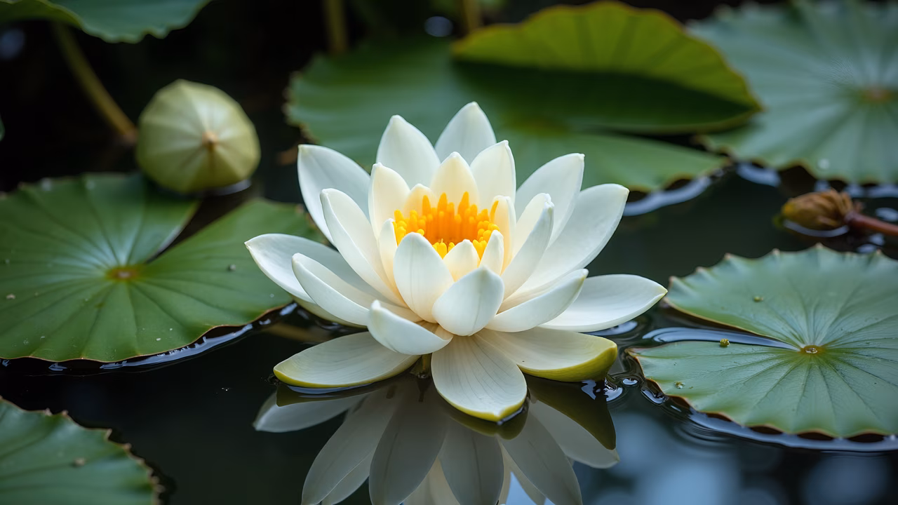 A beautiful white lotus flower with a yellow center, set against green leaves and water, evoking peace and nature.
