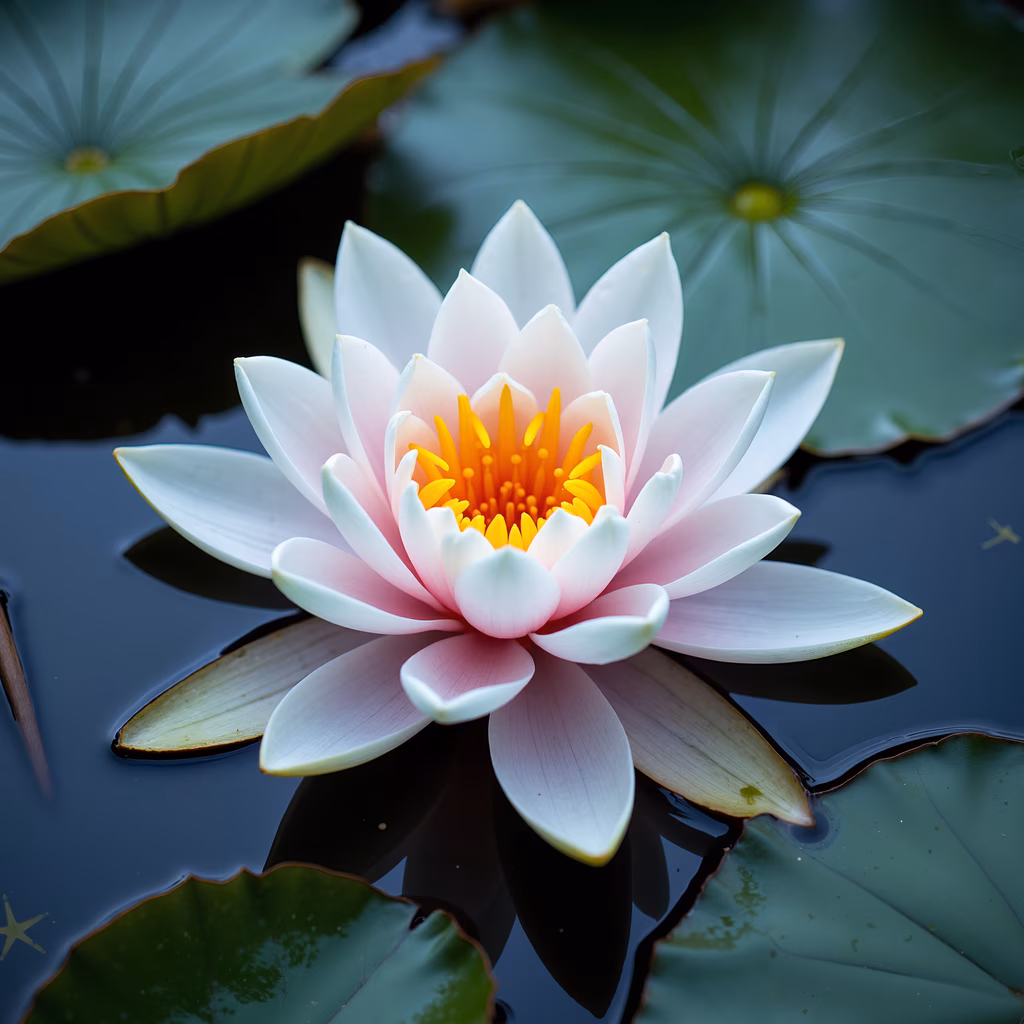 A blooming lotus flower with delicate white petals and vibrant yellow stamens, surrounded by lush green leaves.