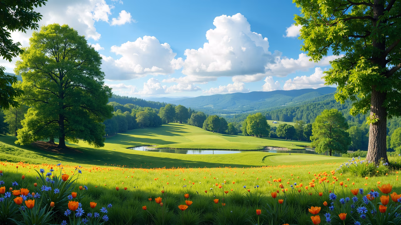 A serene green landscape with blooming flowers and a tranquil pond under a bright blue sky.