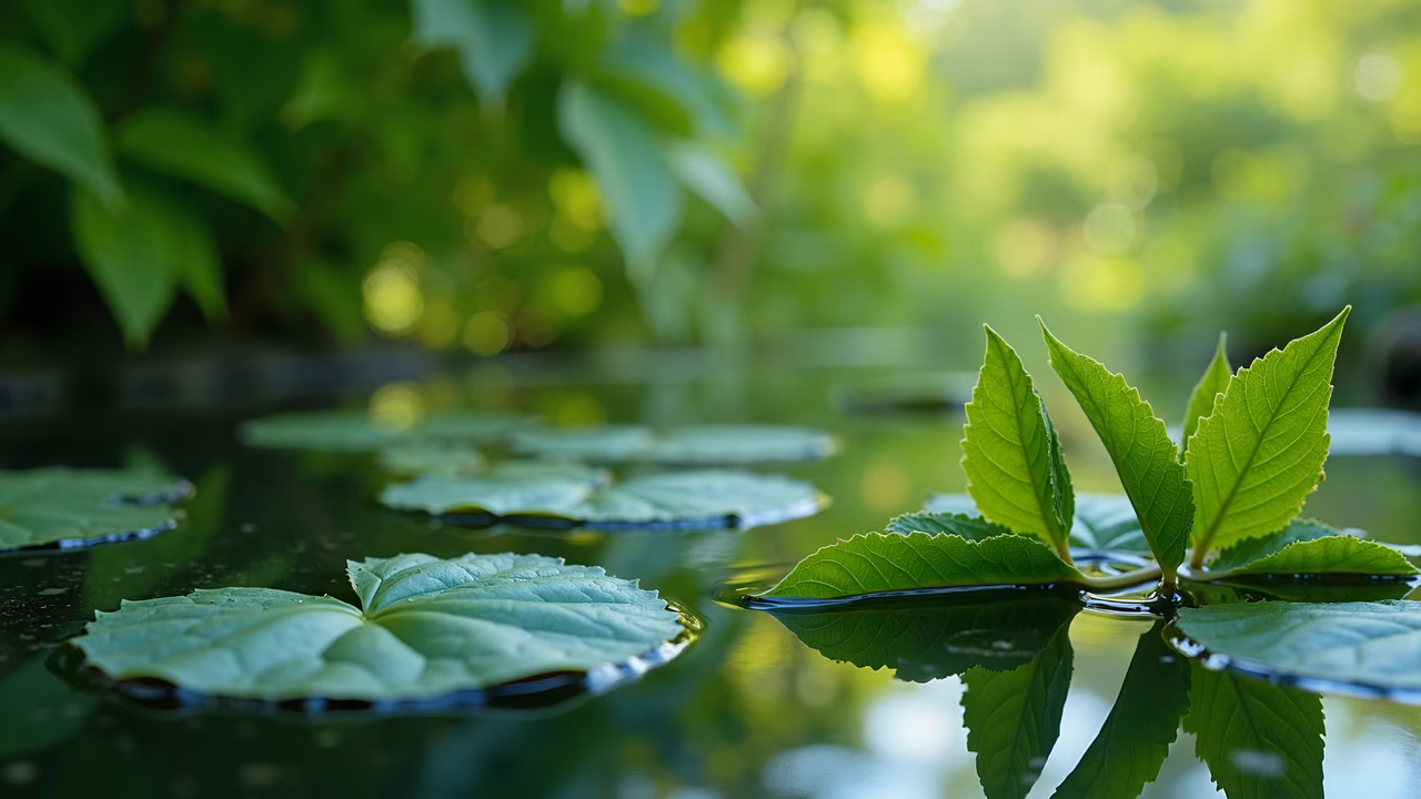A close-up of green leaves reflecting in water, creating a peaceful and vibrant natural scene.