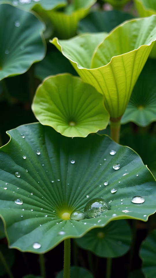 Lush Green Leaves with Dew Drops