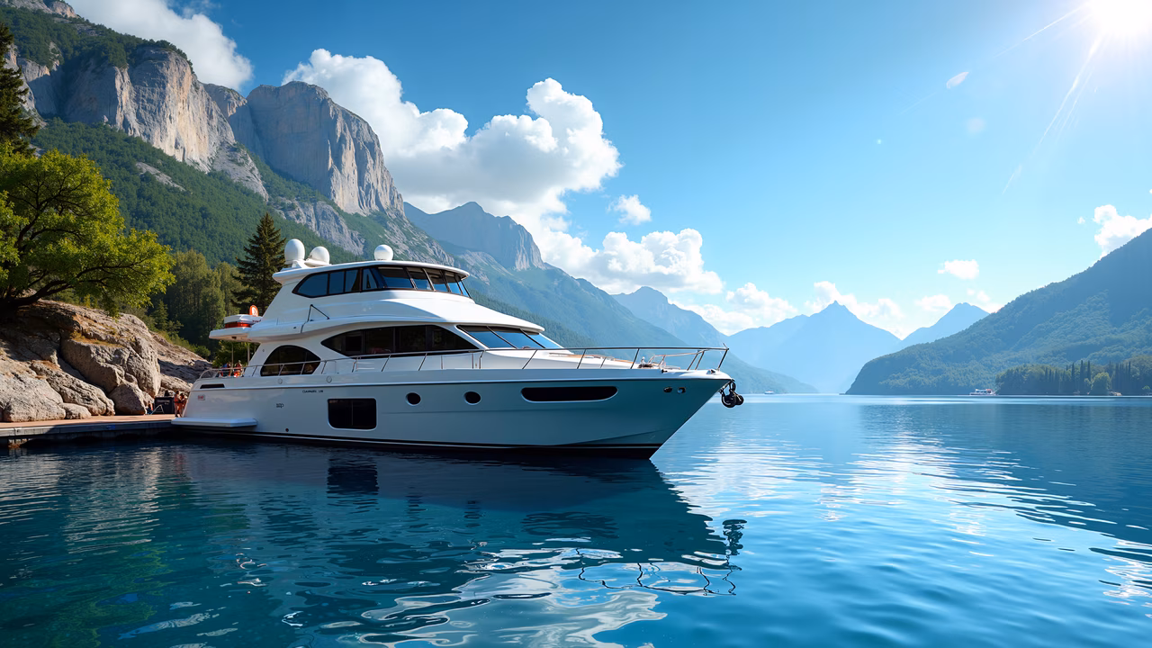 Luxury yacht docked in tranquil lake, surrounded by mountains and greenery.