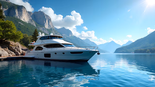 Luxury Yacht Docked in Serene Lake