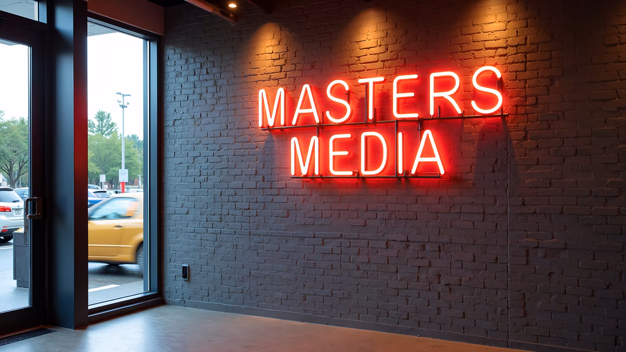 Vibrant neon sign 'Master's Media' against a textured brick wall, casting a warm glow.