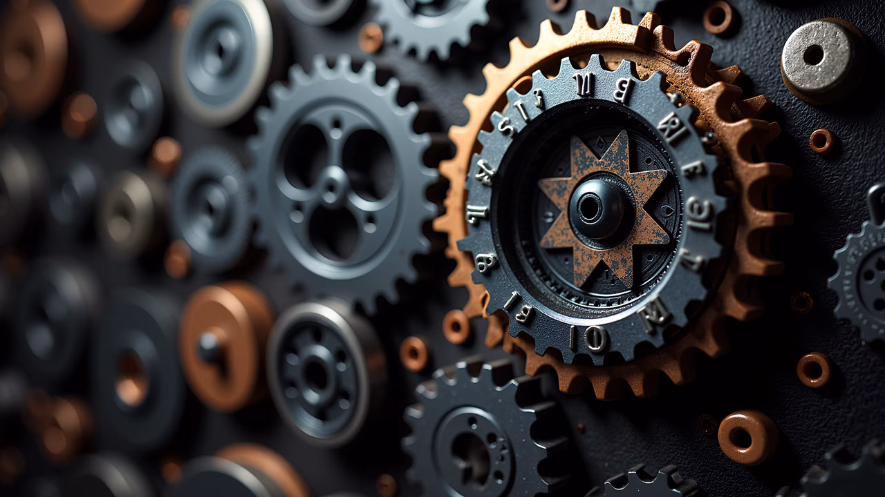 Detailed mechanical gears in black and bronze, showcasing precision and complexity.