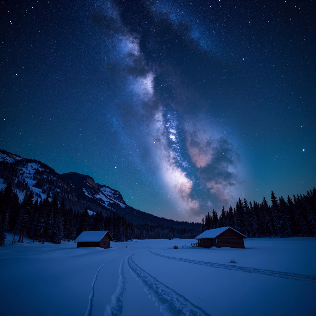 Milky Way, snowy cabin, night sky, winter landscape, serene beauty