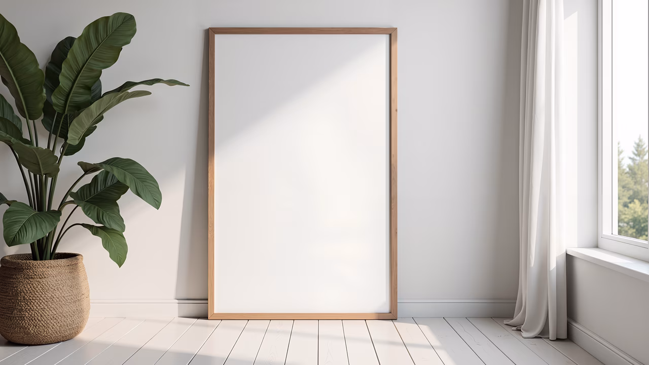 Minimalist interior with wooden frame, green plant, and soft natural light