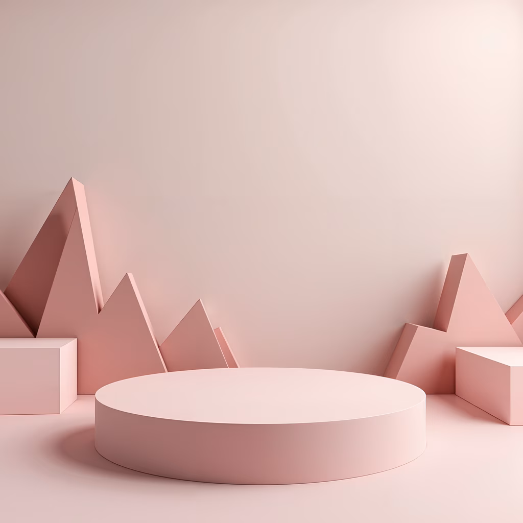 A minimalist pink podium with geometric shapes and a gradient background, creating a serene and modern atmosphere.