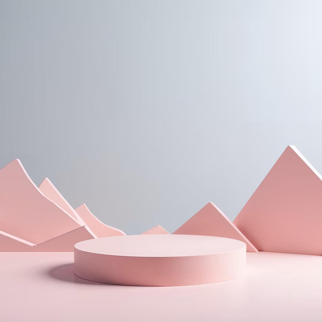 A minimalist pink podium with gentle slopes in a serene, modern setting.
