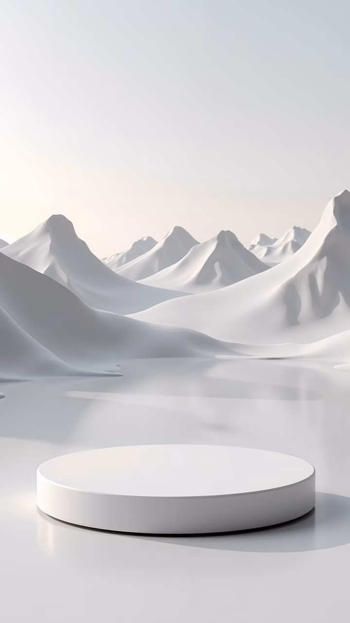 A minimalist podium in a snowy mountain landscape, showcasing elegance and tranquility.