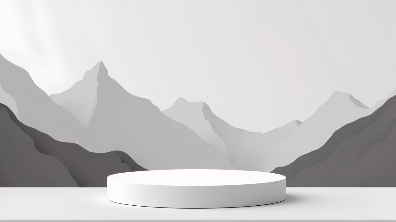 A minimalist podium with stylized mountains in the background, rendered in shades of gray.