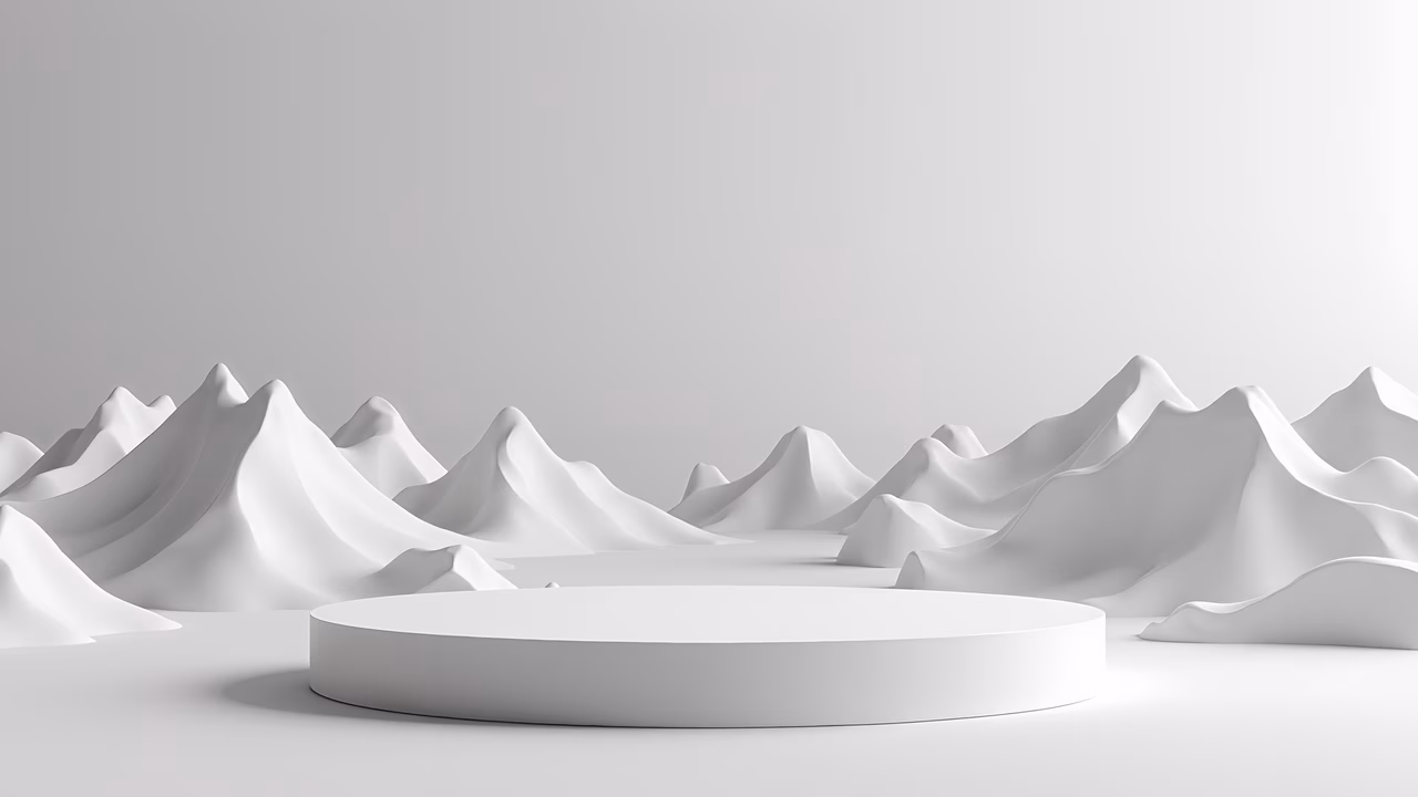 A minimalist podium with stylized mountains in soft, muted tones, creating a serene and elegant atmosphere.