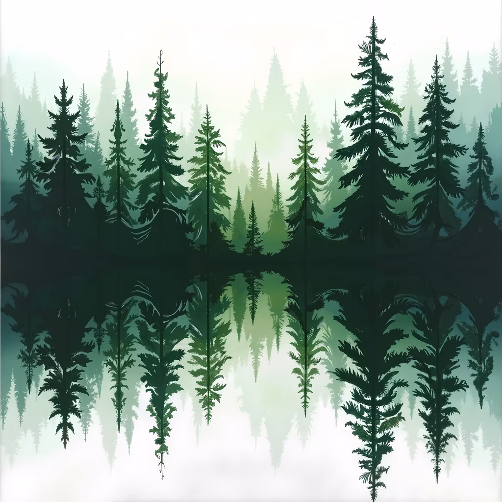 A tranquil forest scene with tall, dark green trees and a soft, misty background.