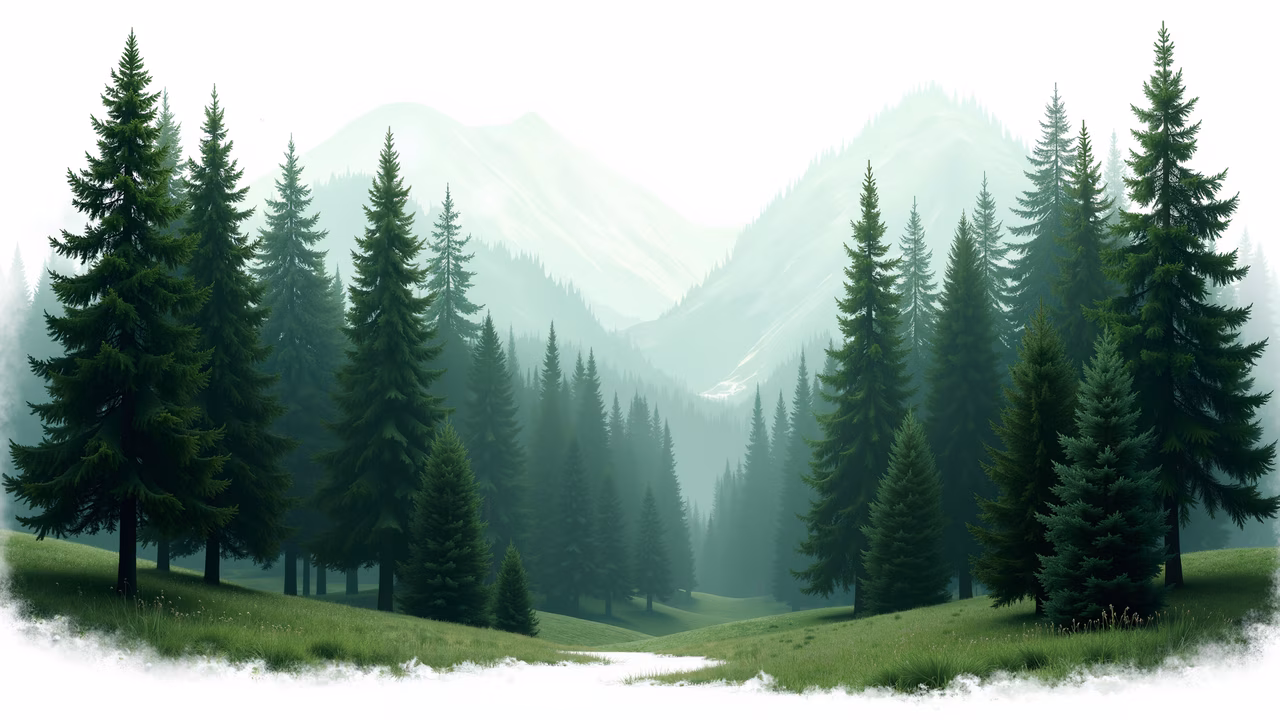 A misty forest landscape with tall pine trees and rolling hills, creating a tranquil and mysterious ambiance.