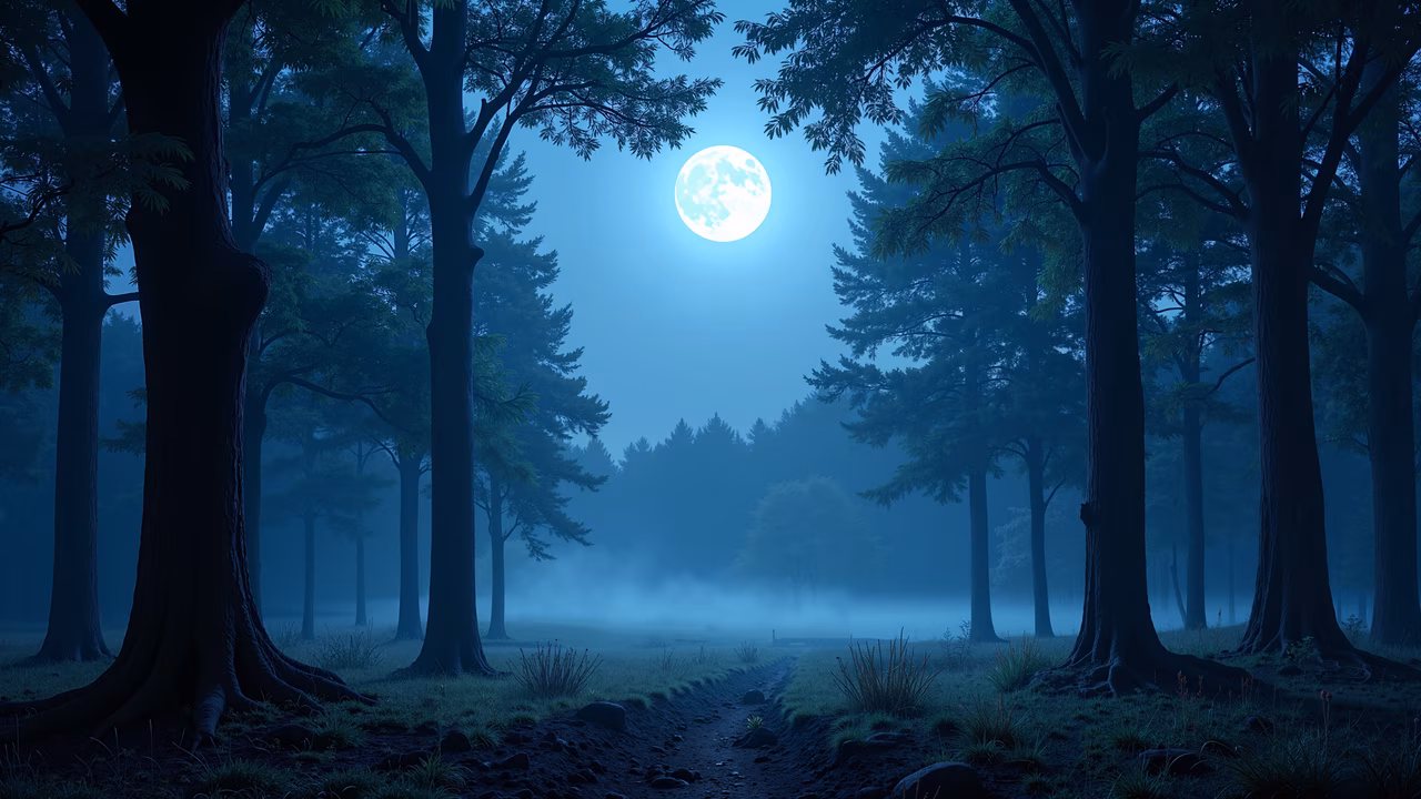 A peaceful night in a misty forest with tall trees and a glowing moon.
