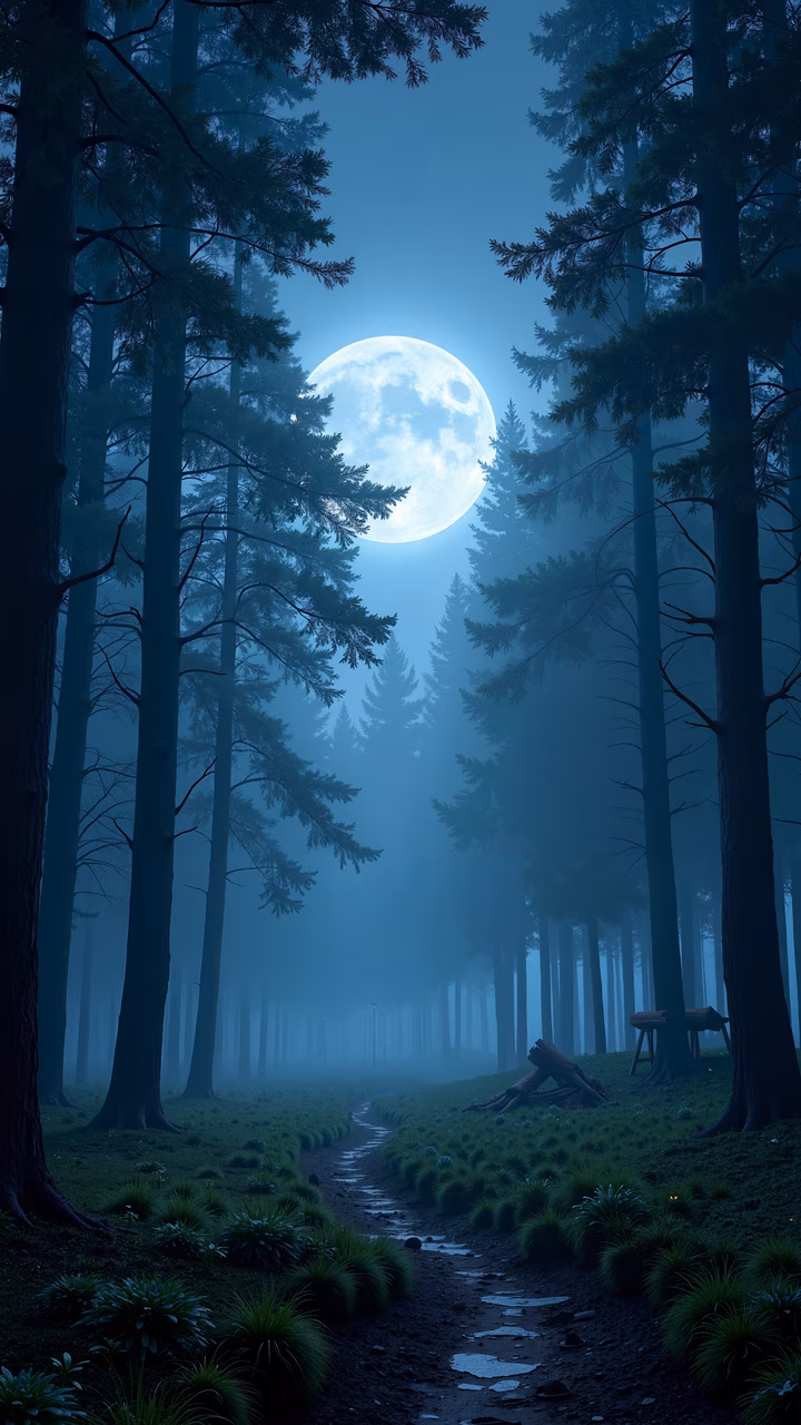 A tranquil night scene with tall trees, a winding path, and a full moon casting a cool blue glow.