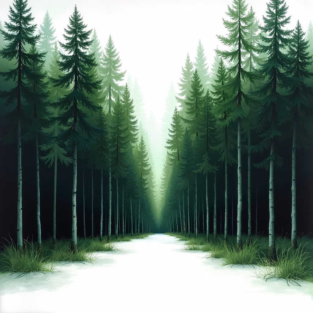 A peaceful forest path surrounded by tall trees and snow-covered ground, evoking a sense of tranquility and mystery.