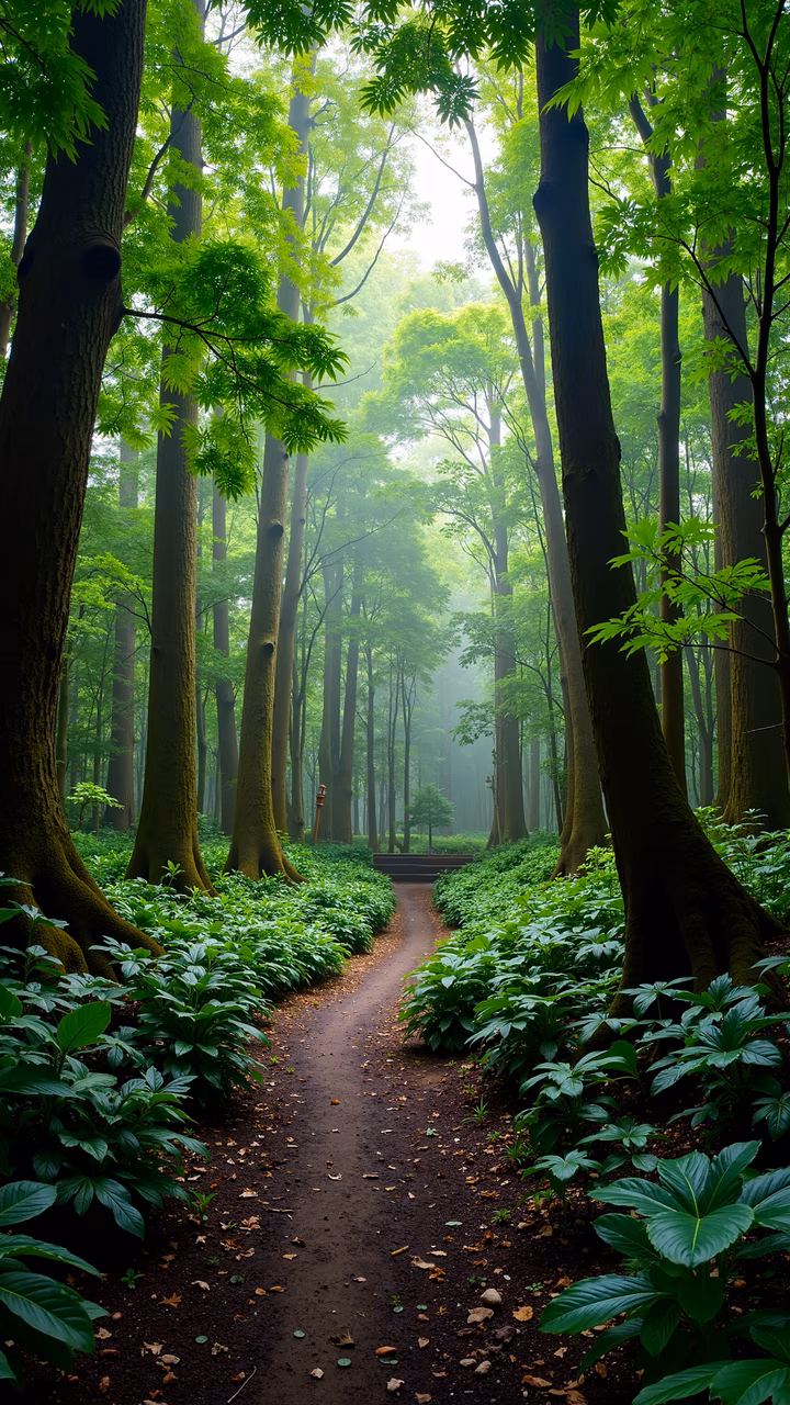 A tranquil forest path surrounded by vibrant greenery and towering trees, illuminated by soft morning light.