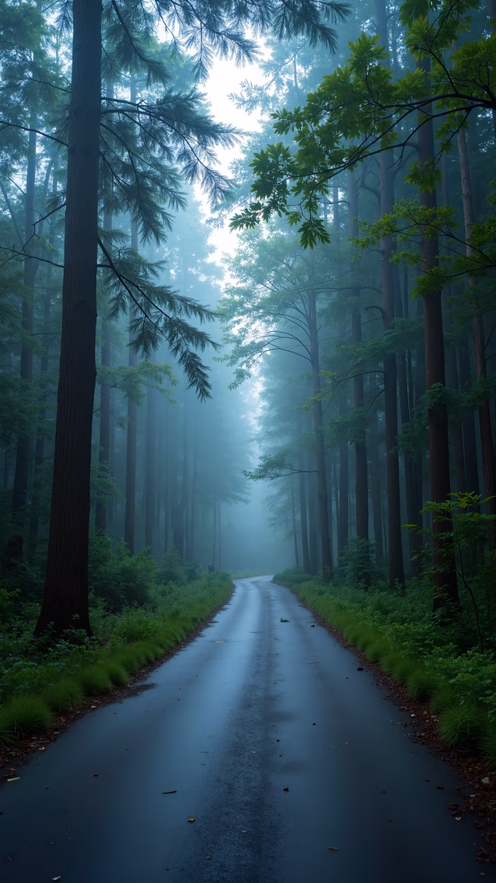 A tranquil forest road surrounded by tall trees and lush greenery, bathed in soft morning light.