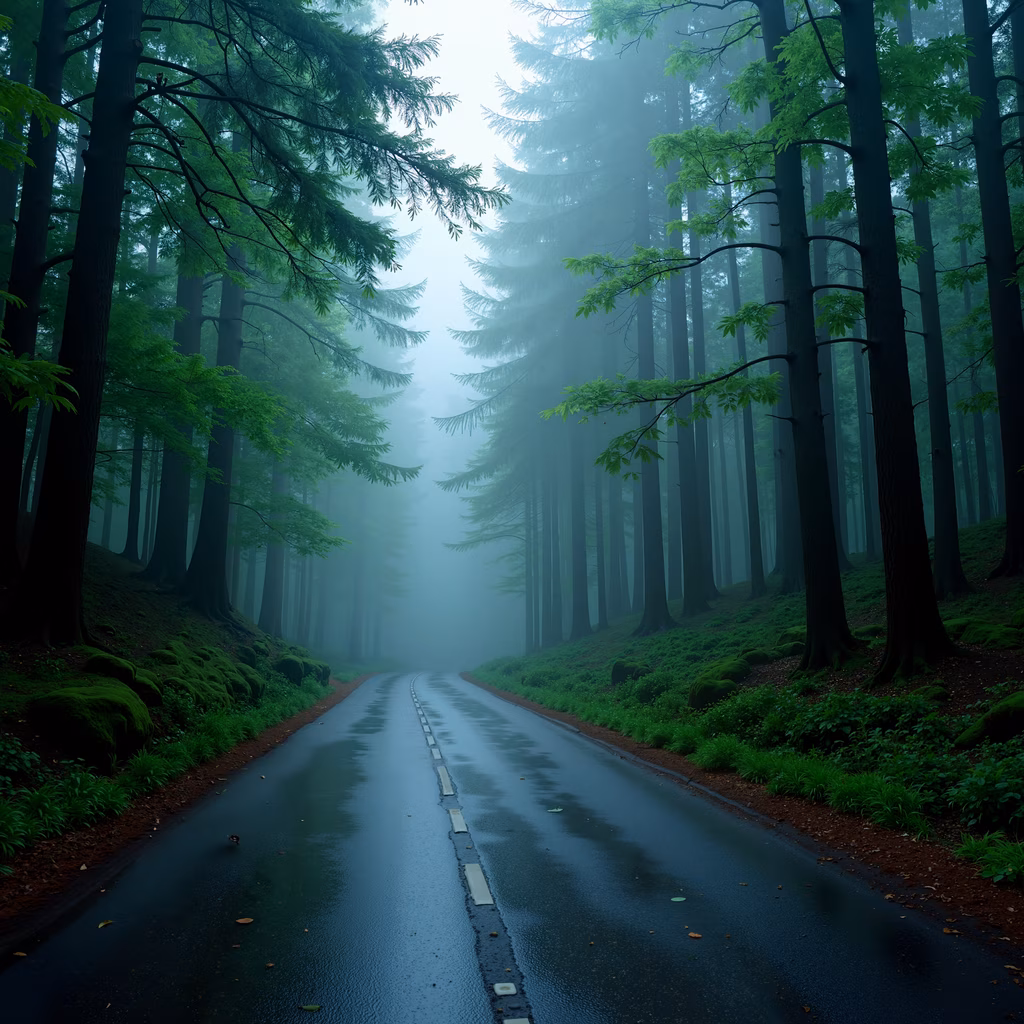 Misty Forest Road: A tranquil scene of a wet road surrounded by tall trees and lush greenery, enveloped in fog.