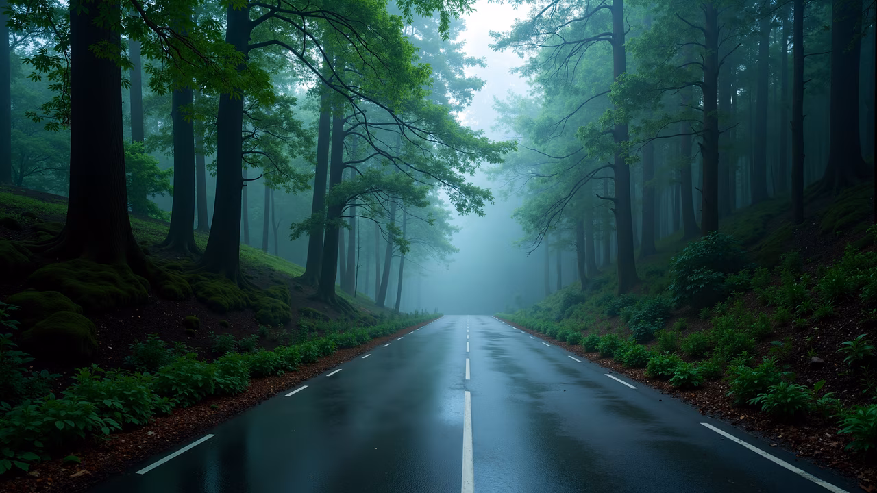 A peaceful forest road with tall trees and lush greenery, reflecting morning light and creating a sense of tranquility.