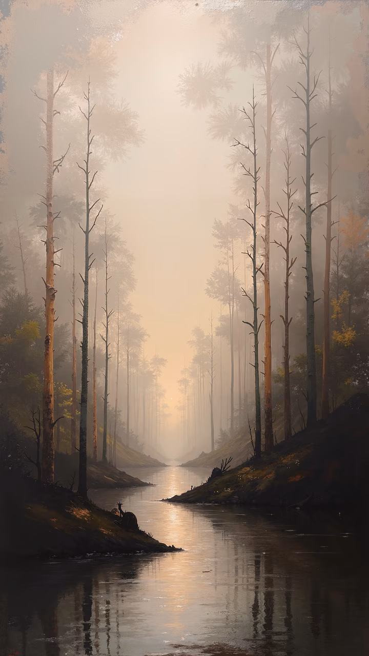 A tranquil sunset scene in a misty forest with tall trees and a reflective river.