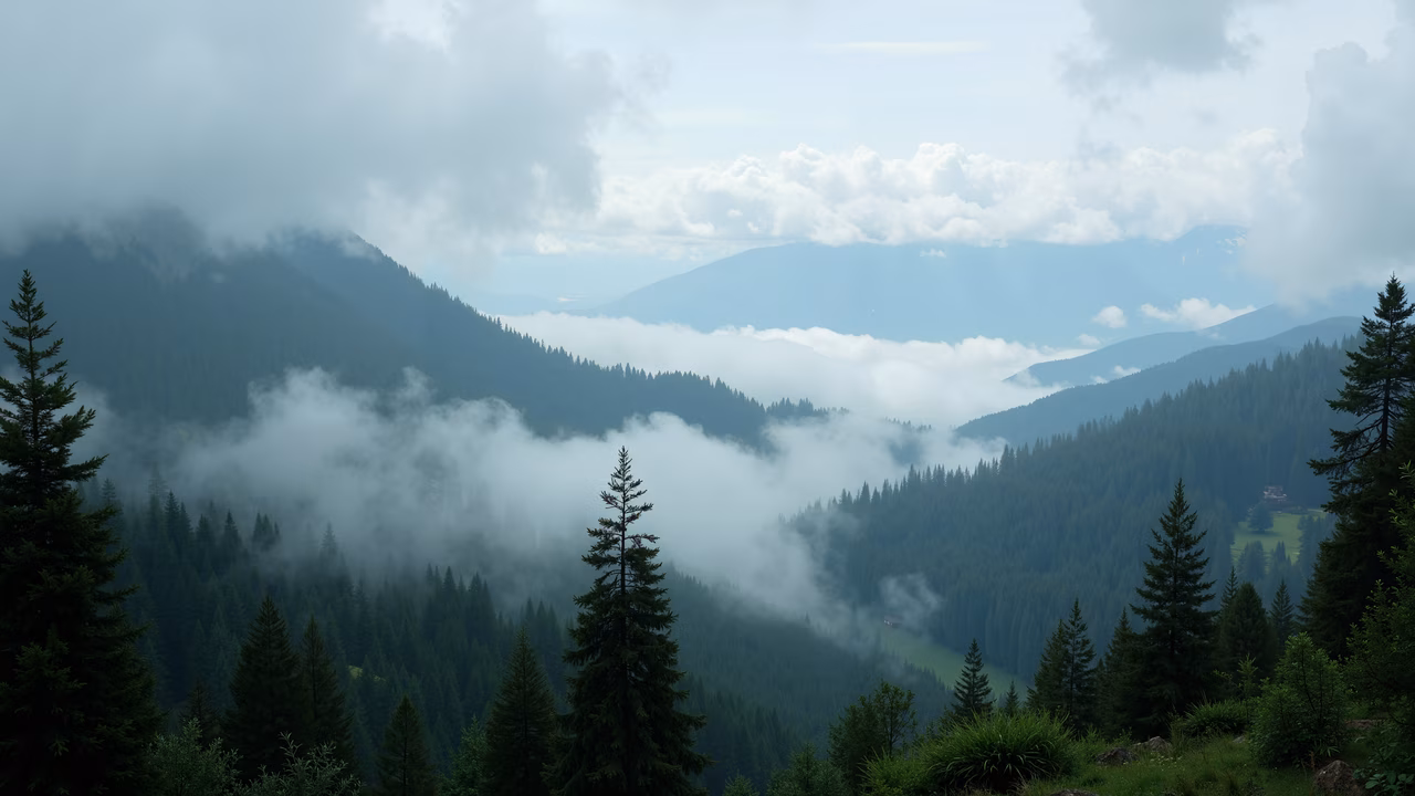 A misty forest valley with tall evergreen trees and rolling hills, creating a serene and mysterious atmosphere.