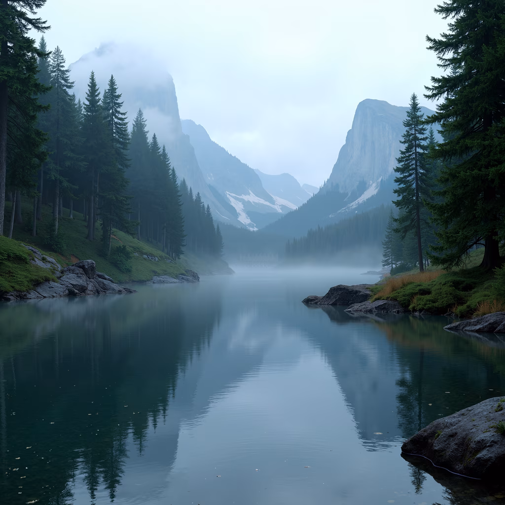 Misty lake with mountain reflections and pine forest