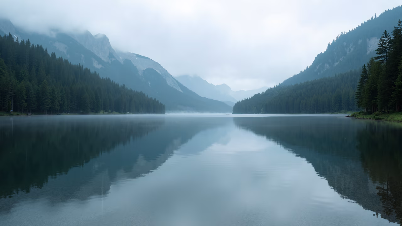 Misty Lake Reflection: A tranquil scene of nature's reflection in water.