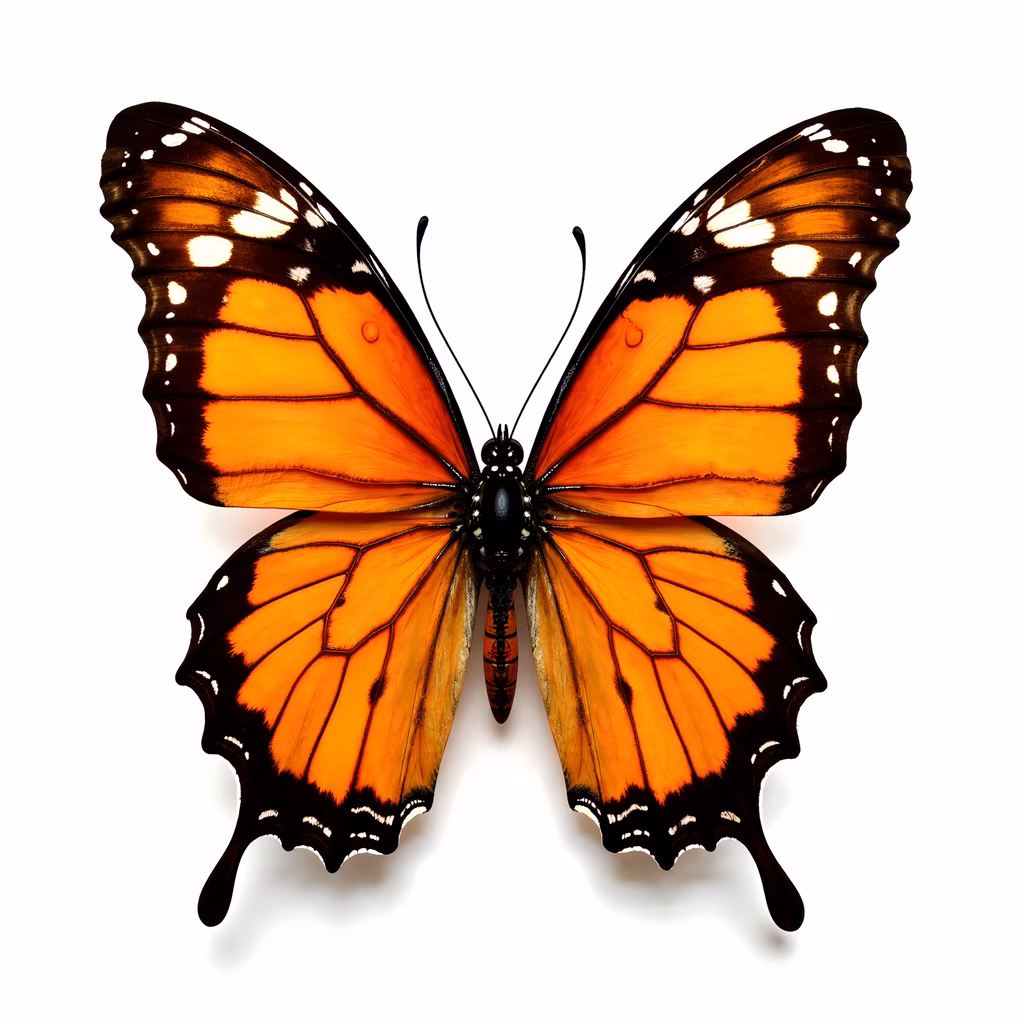 Realistic monarch butterfly illustration with vibrant orange and black wings, detailed veins, and delicate white spots on a white background.