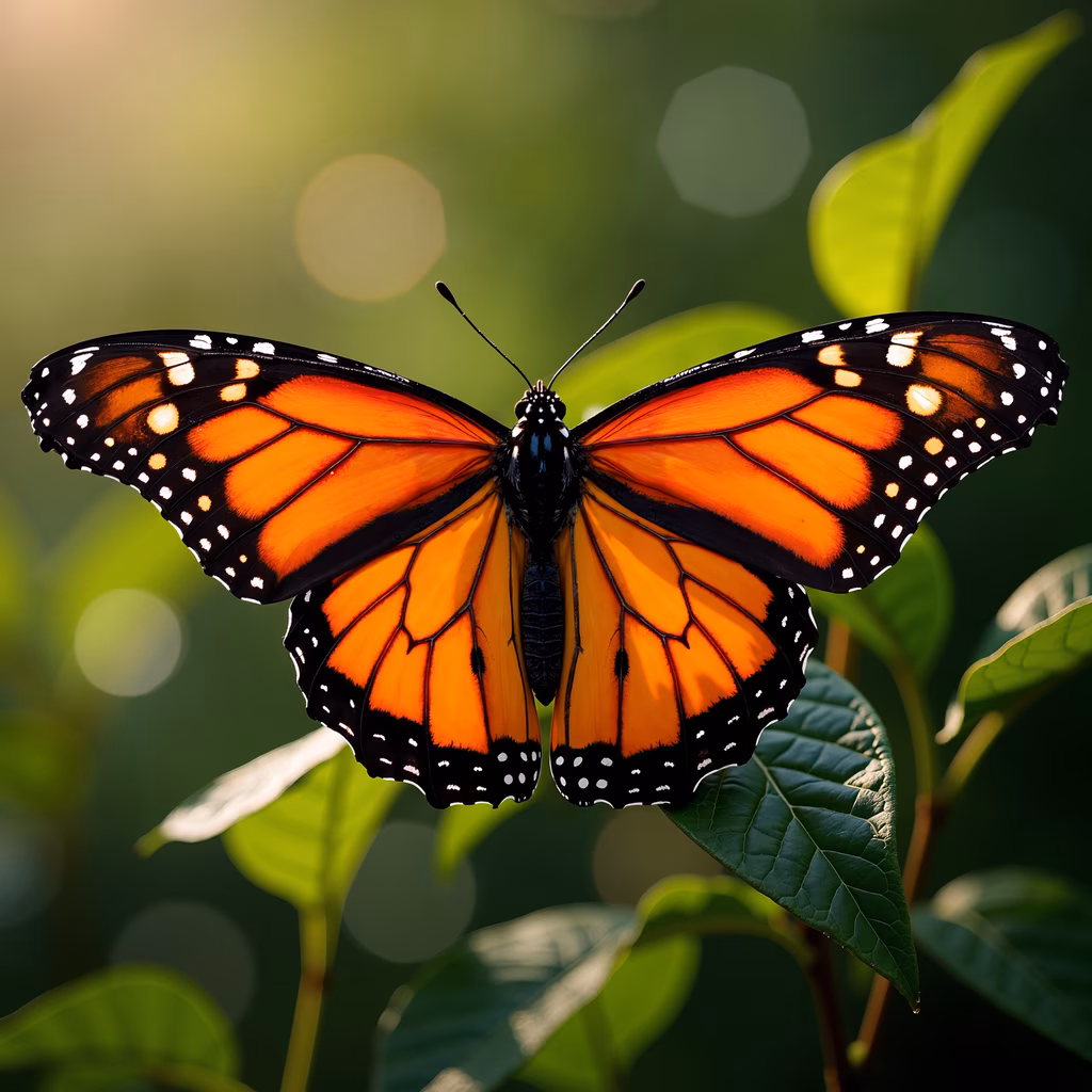 Vibrant monarch butterfly resting on a leaf, surrounded by bokeh lights, nature photography