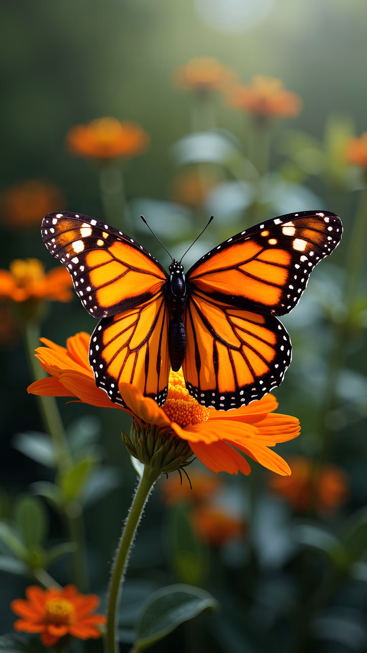 Monarch butterfly on orange flower, nature photography, vibrant colors, delicate details, serene atmosphere