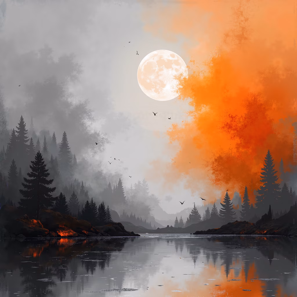 A full moon illuminates a peaceful forest scene reflected in a tranquil lake, creating a serene and mysterious atmosphere.