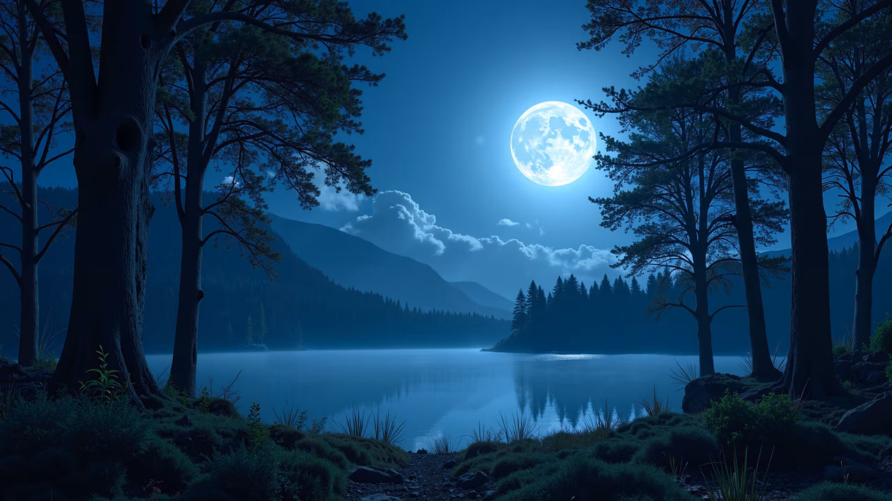 A full moon illuminates a peaceful lake surrounded by pine forests at night.