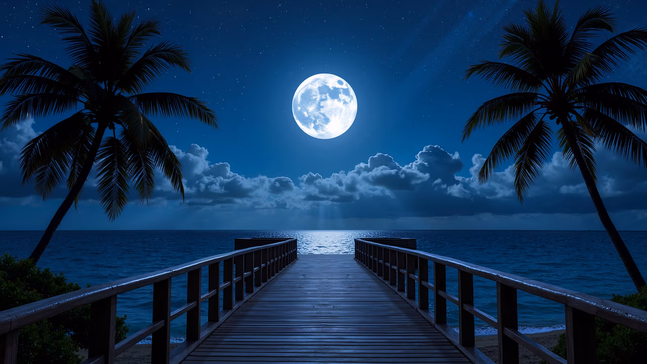 A peaceful moonlit scene with a wooden pier, palm trees, and a starry sky.